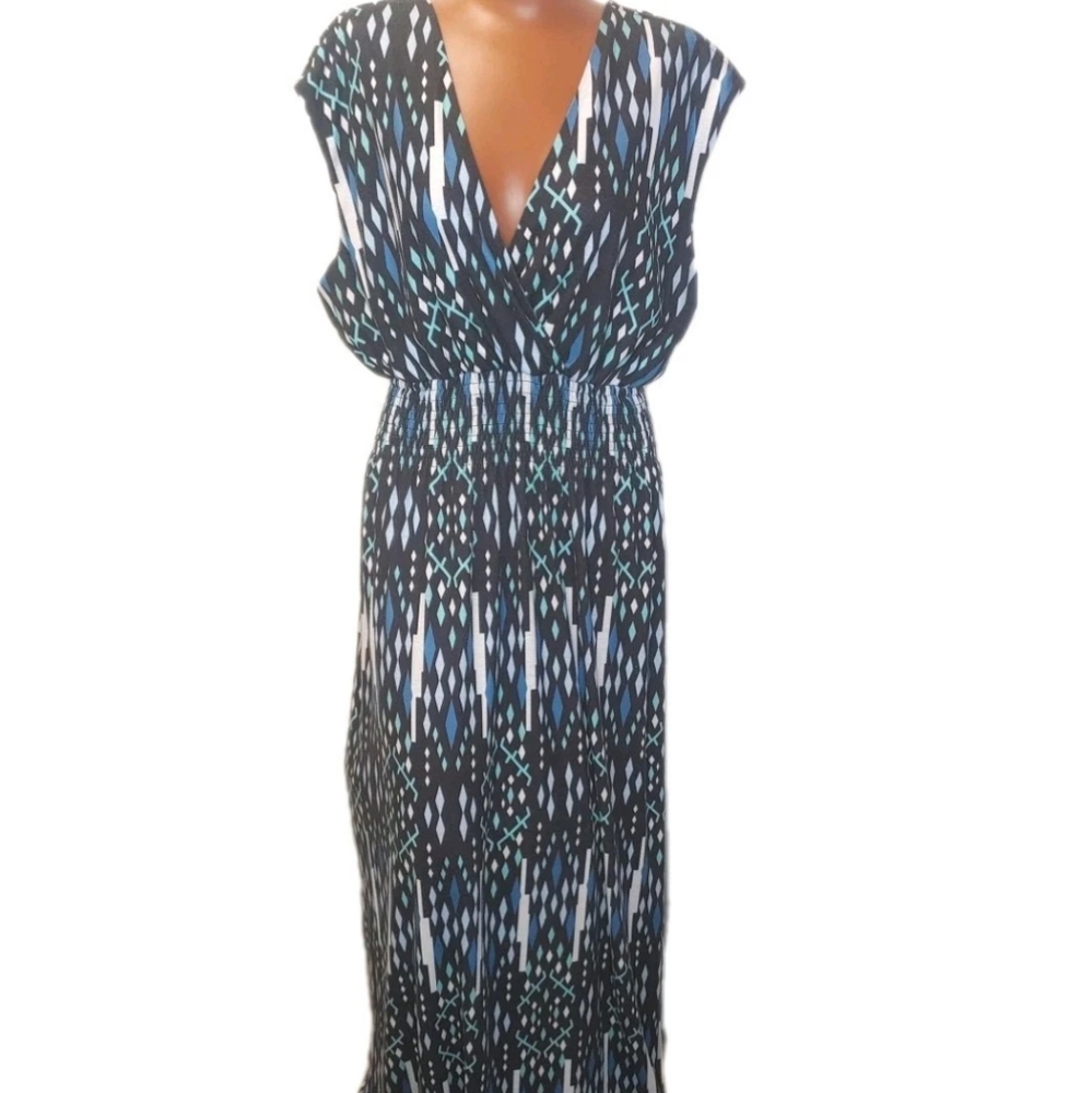 Kranda Artsy Maxi Dress Woman XXL Smocked Waist Black Abstract Geometric Coastal